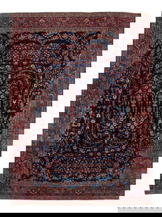Antique Sarouk Farahan Blue Wool Rug 9'2 x 12' Floral Design: Antique Sarouk Farahan Blue Wool Rug 9'2 x 12' Floral Design Discover a stunning antique Persian Sarouk Farahan rug, expertly hand-knotted from high-quality wool. Featuring a rich navy blue field, thi