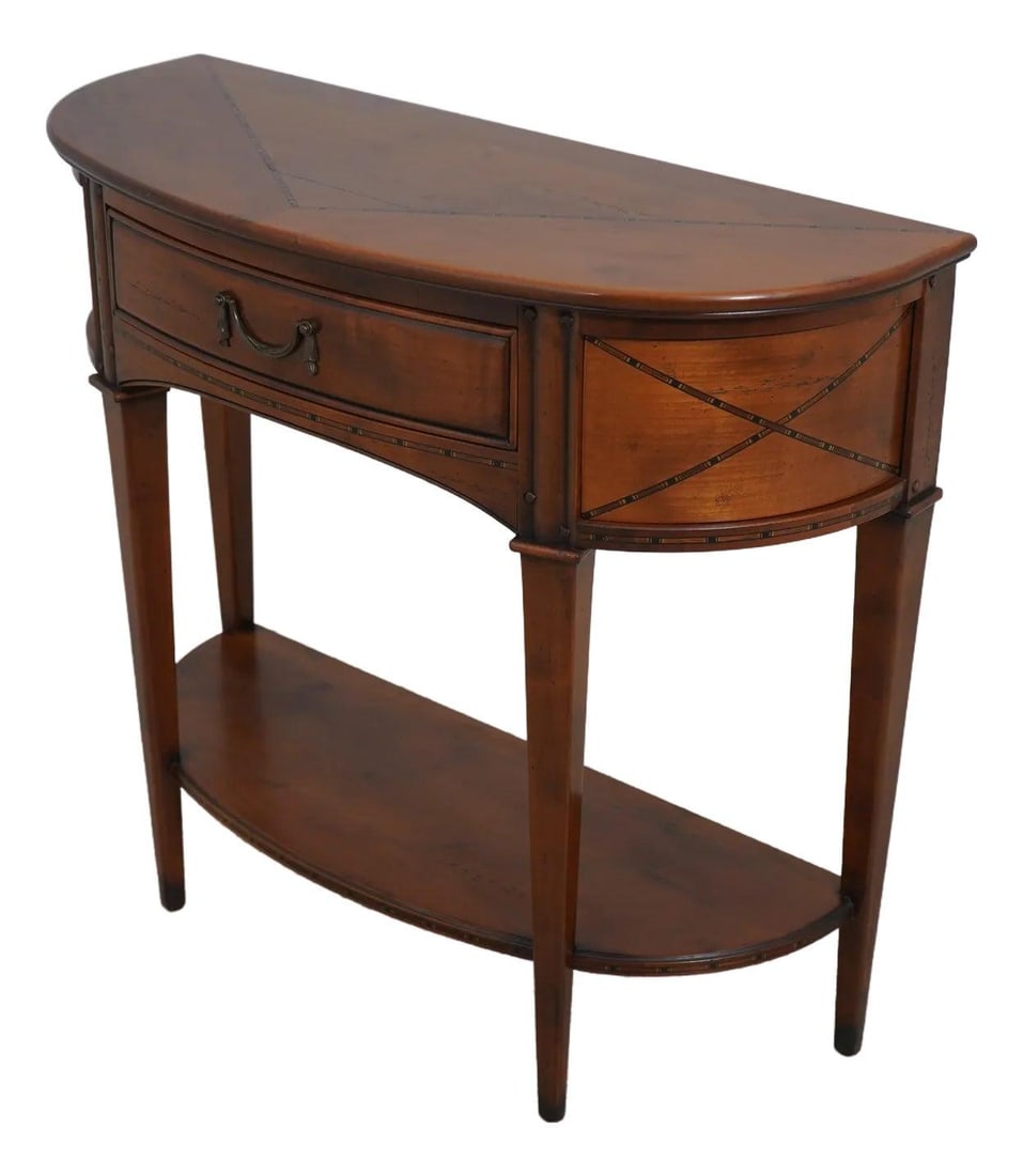 Vintage French Inlaid Cherry Wood Console Table with Drawer: Vintage French Inlaid Cherry Wood Console Table with Drawer This exquisite French Inlaid Console Hall Table features a single drawer and showcases a captivating country French style. Crafted from high