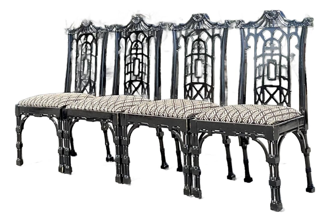 Set of 4 Vintage Asian Lacquered Pagoda Chairs: Set of 4 Vintage Asian Lacquered Pagoda Chairs Transform your space with this stunning set of four vintage Asian-inspired lacquered pagoda chairs. Featuring intricate faux bamboo carvings and pagoda-s