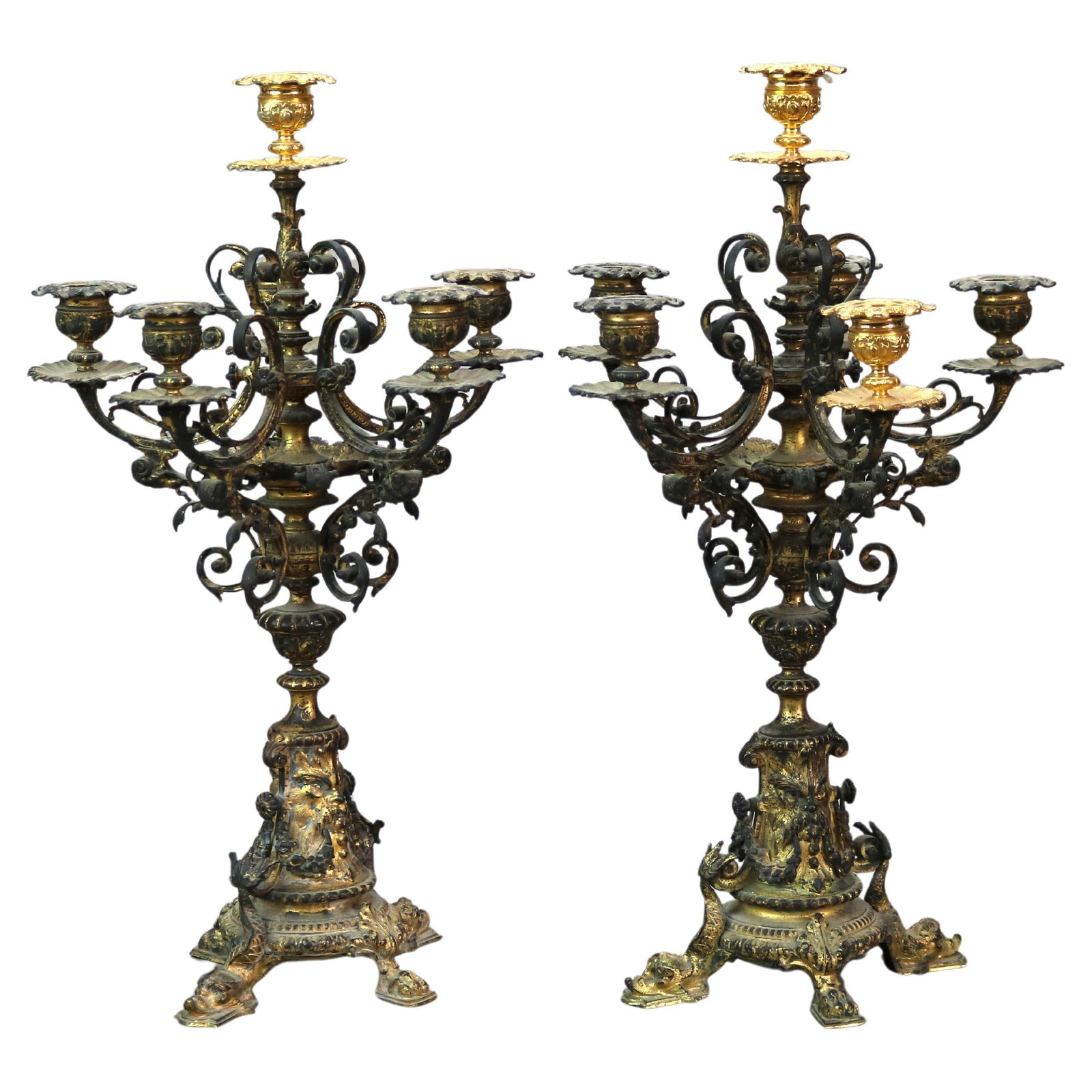 Antique Bronze Gilt Finish Wind God Candelabra Pair 1890: Antique Bronze Gilt Finish Wind God Candelabra Pair 1890 This exquisite pair of antique figural candelabras features a stunning bronze and gilt finish, depicting the Wind God. Manufactured around 1890