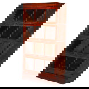 Antique Macey Mission Oak Four Stack Barrister Bookcase C1910: Antique Macey Mission Oak Four Stack Barrister Bookcase C1910 This antique Macey Mission Oak four stack barrister bookcase, crafted around 1910, showcases a classic Mission Oak design with a rich, war