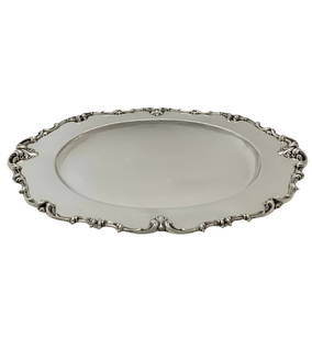 Antique Frank M. Whiting Sterling Silver 18 Inch Oval Tray: Antique Frank M. Whiting Sterling Silver 18 Inch Oval Tray This exquisite antique oval platter/tray, crafted by Frank M. Whiting, showcases the elegance of handmade design with intricate foliate scrol