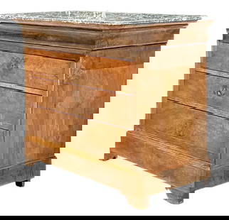 19th Century Louis Philippe Marble Top Chest of Drawers: 19th Century Louis Philippe Marble Top Chest of Drawers Discover the elegance of this 19th Century Louis Philippe chest of drawers, beautifully topped with a durable grey marble slab. The antique comm