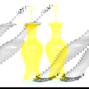 Vintage Regency Yellow Ceramic Vase Lamps - Pair with Lucite Base: Vintage Regency Yellow Ceramic Vase Lamps - Pair with Lucite Base Enhance your living space with this exquisite pair of Vintage Regency Glazed Ceramic Vase Table Lamps. Designed with a classic curved