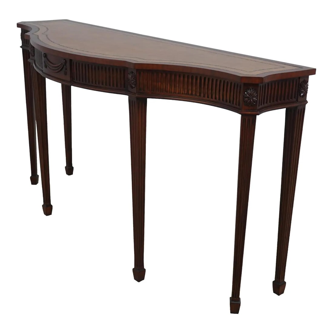 Maitland Smith Mahogany Console Table with Leather Top Adams Style: Maitland Smith Mahogany Console Table with Leather Top Adams Style This stunning console table features a beautifully tooled leather top and is crafted from high-quality mahogany, showcasing tradition