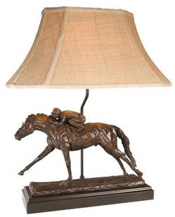 Equestrian Lodge Style Horse & Jockey Table Lamp 25H 20W 12D: Equestrian Lodge Style Horse & Jockey Table Lamp 25H 20W 12D Illuminate your space with this exquisite American-Made Horse & Jockey Lamp, a stunning addition to any lodge-style decor. This hand-cast a
