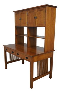 Stickley Mission Oak Arts & Crafts Computer Desk with Hutch: Stickley Mission Oak Arts & Crafts Computer Desk with Hutch This Stickley Mission Oak Computer Desk with Hutch Top embodies the classic Arts & Crafts style, crafted around 1997. It features a fold-dow