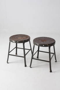 Pair of Vintage Industrial Stools Dark Green Metal Frames: Pair of Vintage Industrial Stools Dark Green Metal Frames This pair of vintage industrial stools showcases a classic design with dark green metal frames and round seats, perfect for adding a touch of
