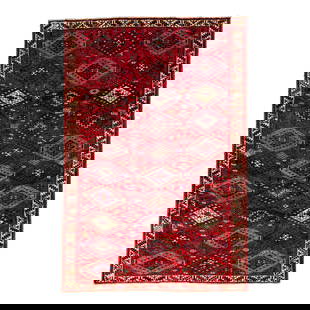 Handmade Vintage Persian Shiraz Wool Rug 5'10 x 9 Red Geometric: Handmade Vintage Persian Shiraz Wool Rug 5'10 x 9 Red Geometric This stunning vintage Persian Shiraz rug is hand-knotted from high-quality wool, showcasing a vibrant red field with a complex allover g
