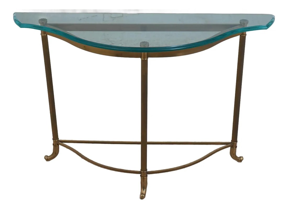Elegant Labarge Brass Base Console Table with Beveled Glass Top: Elegant Labarge Brass Base Console Table with Beveled Glass Top This elegant console hall table features a stunning beveled glass top supported by a solid brass base, showcasing a beautiful design tha