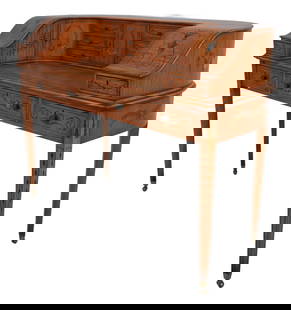 Antique English Adams Carlton House Desk Satinwood with Hand Painted Details: Antique English Adams Carlton House Desk Satinwood with Hand Painted Details This exquisite English Adams Carlton House Desk showcases a stunning satinwood finish and intricate hand-painted details, m