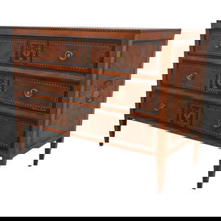 Baker Italian Neoclassical Inlaid Commode Chest Satinwood Finish: Baker Italian Neoclassical Inlaid Commode Chest Satinwood Finish This exquisite Baker Italian Neoclassical Style Inlaid Commode Chest showcases high-quality construction and a striking satinwood finis