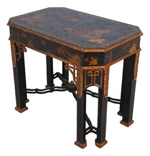 Maitland Smith Chinoiserie Hand-Painted Occasional Table Gold Finish: Maitland Smith Chinoiserie Hand-Painted Occasional Table Gold Finish This exquisite Maitland Smith Chinoiserie occasional table features a stunning hand-painted design and textured finish, embodying t