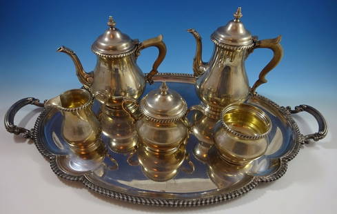 Gorham Kensington 6pc Sterling Silver Tea Set with D Monogram: Gorham Kensington 6pc Sterling Silver Tea Set with D Monogram This exquisite 6-piece tea set from the Kensington collection by Gorham is crafted from high-quality sterling silver and features a distin