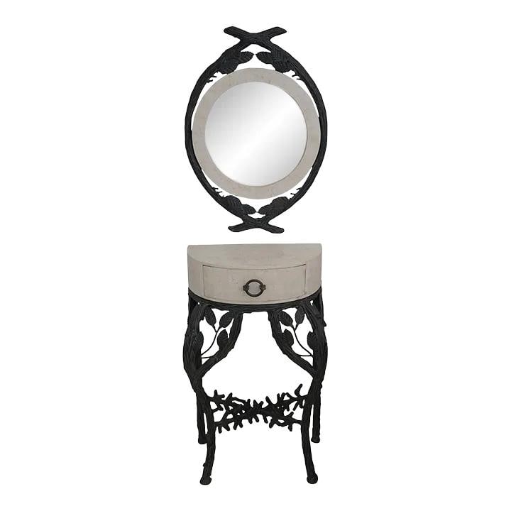 Stylish Modern Bench Form Console Table with Bronze Iron Base: Stylish Modern Bench Form Console Table with Bronze Iron Base This exquisite Modern Bench Form Console Table & Mirror features a stunning travertine frame and top surface, elegantly complemented by a