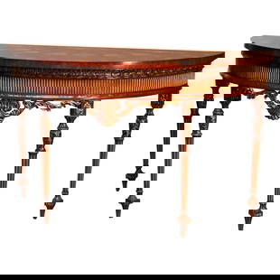 Maitland Smith Louis XVI Demilune Console Table with Satinwood Marquetry: Maitland Smith Louis XVI Demilune Console Table with Satinwood Marquetry This elegant demilune console table features a stunning Louis XVI style, crafted from rich mahogany and accentuated with satinw