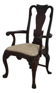 Queen Anne Solid Mahogany Child's Chair with Damask Upholstery: Queen Anne Solid Mahogany Child's Chair with Damask Upholstery This charming Queen Anne-style chair is crafted from solid mahogany and features a beautifully upholstered damask slip seat. Designed wit