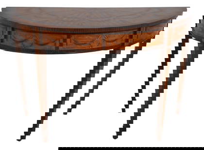 Elegant French Inlaid Mixed Wood Demilune Table 51.5w x 24d x 33.5h: Elegant French Inlaid Mixed Wood Demilune Table 51.5w x 24d x 33.5h This elegant Inlaid Mixed Wood Demilune Table showcases exquisite craftsmanship and a timeless French style, approximately 50 years