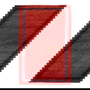 Handmade Modern Persian Gabbeh Red Wool Rug 3'6" x 5'6": Handmade Modern Persian Gabbeh Red Wool Rug 3'6" x 5'6" Beautiful modern Gabbeh-style hand-woven wool rug with a red color field. This Persian rug has a gorgeously minimalist design with black accents