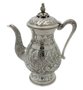 Elegant 925 Sterling Silver Handmade Chased Floral Oil Pitcher 7.75 Inches: Elegant 925 Sterling Silver Handmade Chased Floral Oil Pitcher 7.75 Inches This exquisite handmade oil pitcher is crafted from fine 925 sterling silver, featuring a unique chased swirl floral design t