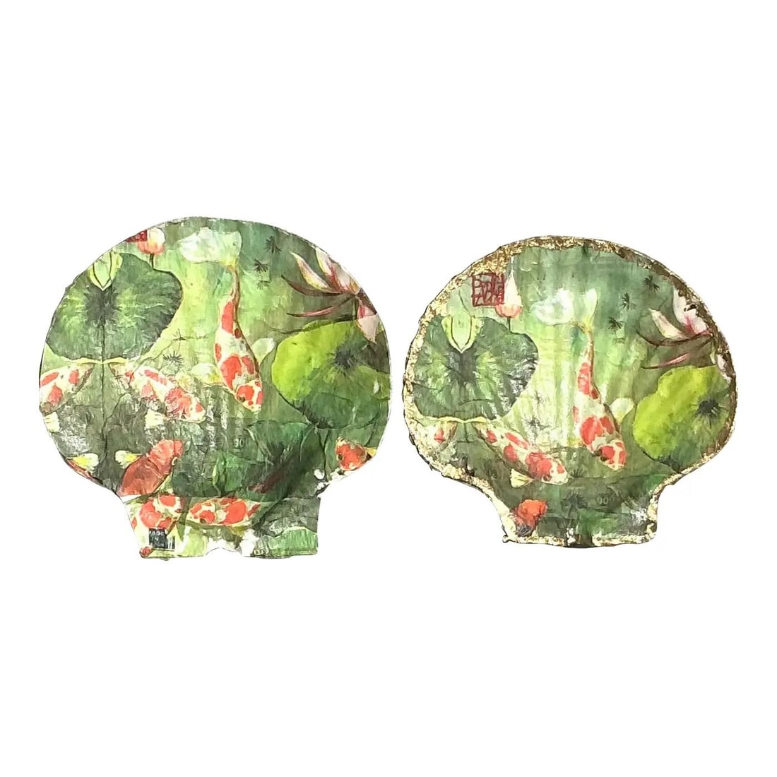 Vintage Boho Decoupage Shells Set with Koi Fish Design: Vintage Boho Decoupage Shells Set with Koi Fish Design Enhance your space with this charming set of two Vintage Boho Decoupage Shells, each beautifully hand-decorated with vibrant koi fish swimming am