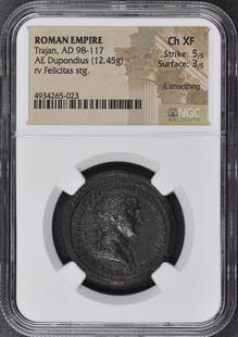 Trajan Roman Empire AE Dupondius NGC XF45 Certified Coin: Trajan Roman Empire AE Dupondius NGC XF45 Certified Coin This Roman Empire AE Dupondius, minted during the reign of Trajan (AD 98-117), exhibits a high-quality grade of XF45 as certified by NGC. This