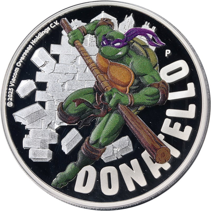 2025 Tuvalu 1oz Silver Proof Coin TMNT Donatello Uncertified: 2025 Tuvalu 1oz Silver Proof Coin TMNT Donatello Uncertified Celebrate the beloved Teenage Mutant Ninja Turtles with this exquisite 2025 Tuvalu 1 Ounce Silver $1 Proof coin featuring Donatello. This s