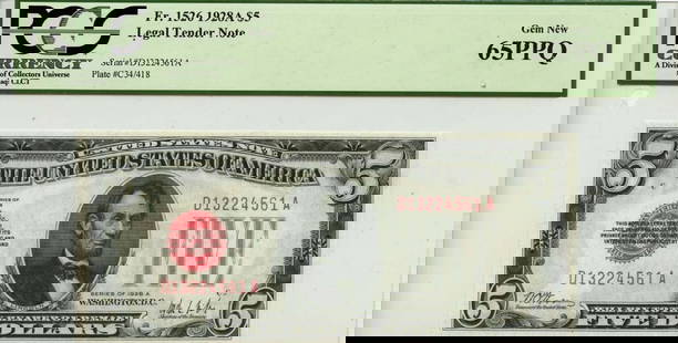 1928A $5 Legal Tender Note FR#1526 PCGS Gem 65 PPQ Certified: 1928A $5 Legal Tender Note FR#1526 PCGS Gem 65 PPQ Certified This 1928A $5 Legal Tender Note, designated as FR#1526, showcases a remarkable grade of PCGS Gem 65 PPQ, indicating its uncirculated condit