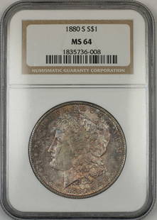 1880-S Morgan Silver Dollar NGC MS-64 Uncirculated Toned Coin: 1880-S Morgan Silver Dollar NGC MS-64 Uncirculated Toned Coin This 1880-S Morgan Silver Dollar is a stunning example of American coinage, graded MS-64 by NGC, indicating its uncirculated condition. Mi
