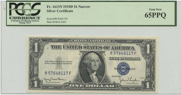 1935D $1 Silver Certificate FR#1613N PCGS 65 GEM PPQ Uncirculated: 1935D $1 Silver Certificate FR#1613N PCGS 65 GEM PPQ Uncirculated This 1935D $1 Silver Certificate (FR#1613N) is graded MS65 by PCGS, indicating its uncirculated condition and high quality. It feature