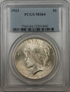 1923 Silver Peace Dollar PCGS MS-64 Uncirculated Light Toning: 1923 Silver Peace Dollar PCGS MS-64 Uncirculated Light Toning This 1923 Silver Peace Dollar is a remarkable addition for any coin collector. Graded MS-64 by PCGS, this uncirculated coin features light