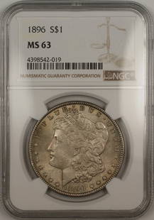 1896 Morgan Silver Dollar NGC MS 63 Uncirculated Toned Coin: 1896 Morgan Silver Dollar NGC MS 63 Uncirculated Toned Coin This 1896 Morgan Silver Dollar is a remarkable piece minted in Philadelphia, showcasing a striking uncirculated condition with a grade of MS