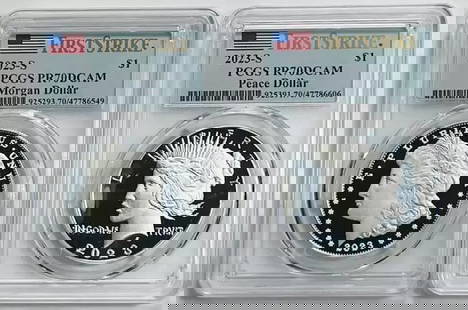 2023 S Morgan Peace Silver Dollar 2 Coin Set PCGS PR 70 DCAM: 2023 S Morgan Peace Silver Dollar 2 Coin Set PCGS PR 70 DCAM This exquisite 2023 S Morgan and Peace Silver Dollar 2 Coin Set features stunning proof quality, certified by PCGS with a perfect grade of