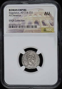 Elagabalus Roman Empire AR Denarius NGC AU50 Certified Coin: Elagabalus Roman Empire AR Denarius NGC AU50 Certified Coin This exquisite silver denarius from the Roman Empire features the reign of Elagabalus, dating from AD 218-222. Certified by NGC with a grade