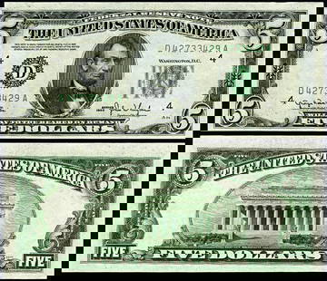 1950 $5 Federal Reserve Note Cleveland D-A Block Choice Uncirculated: 1950 $5 Federal Reserve Note Cleveland D-A Block Choice Uncirculated This 1950 Federal Reserve Note features a $5 denomination and is graded as Choice Uncirculated (CU). This note is a part of the Cle