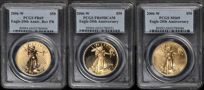 2006 Gold American Eagle 20th Anniversary 3 Coin Set PCGS MS69 PR69 Reverse 69: 2006 Gold American Eagle 20th Anniversary 3 Coin Set PCGS MS69 PR69 Reverse 69 This exquisite 2006 Gold American Eagle 20th Anniversary 3 Coin Set features a stunning uncirculated condition, certified