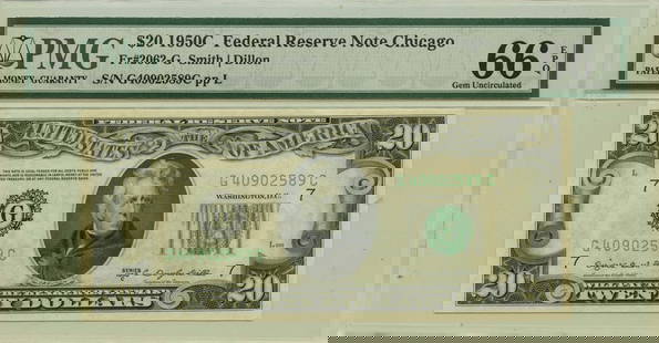 1950 $20 Chicago Federal Reserve Note Fr# 2062-G PMG Gem66 EPQ: 1950 $20 Chicago Federal Reserve Note Fr# 2062-G PMG Gem66 EPQ This 1950 $20 Federal Reserve Note from Chicago, designated as Fr# 2062-G, is graded PMG Gem 66 EPQ, indicating exceptional quality. An u