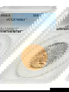 1910-S Indian $10 Gold Coin PCGS MS63 Uncirculated: 1910-S Indian $10 Gold Coin PCGS MS63 Uncirculated This 1910-S $10 Indian Gold Coin is certified by PCGS with a grade of MS63, indicating an uncirculated condition. Struck in San Francisco, this coin