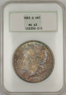 1883-O Morgan Silver Dollar NGC MS 63 Beautifully Toned Coin: 1883-O Morgan Silver Dollar NGC MS 63 Beautifully Toned Coin This stunning 1883-O Morgan Silver Dollar showcases a beautiful toning, making it a standout piece for collectors. Graded MS 63 by NGC, thi
