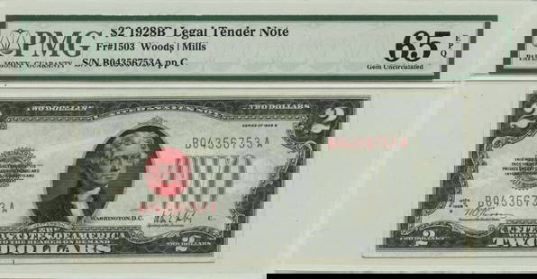 1928B $2 Legal Tender Note Fr# 1503 PMG MS65 Uncirculated: 1928B $2 Legal Tender Note Fr# 1503 PMG MS65 Uncirculated This 1928B $2 Legal Tender Note, designated Fr# 1503, is certified by PMG with a grade of MS65, indicating its exceptional quality and eye app