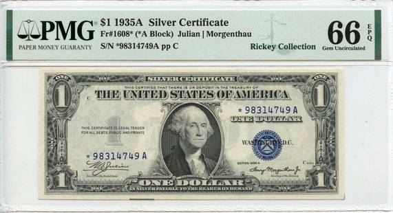 1935A $1 Silver Certificate Fr# 1608* PMG Gem 66 EPQ Uncirculated: 1935A $1 Silver Certificate Fr# 1608* PMG Gem 66 EPQ Uncirculated This 1935A $1 Silver Certificate (Fr# 1608*) is graded PMG Gem 66 EPQ, indicating its exceptional quality and preservation. It is an u