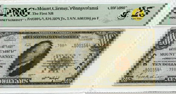 1929 $10 Note First National Bank Mount Carmel PA PMG VF25: 1929 $10 Note First National Bank Mount Carmel PA PMG VF25 This is a 1929 $10 note issued by the First National Bank of Mount Carmel, Pennsylvania. The note is graded as VF25 by PMG, indicating it is