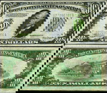 1934-A $10 Federal Reserve Note D-A Block Cleveland XF: 1934-A $10 Federal Reserve Note D-A Block Cleveland XF This 1934-A Federal Reserve Note, with a denomination of $10, features the D-A block from the Cleveland series. The note is in circulated conditi