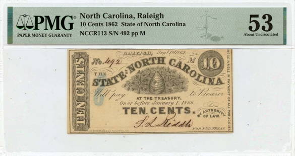 1862 North Carolina 10 Cents Raleigh NCCR113 PMG AU53 Certified Note: 1862 North Carolina 10 Cents Raleigh NCCR113 PMG AU53 Certified Note This 1862 10 Cents North Carolina note from Raleigh is a collectible piece of currency graded AU53 by PMG. It is an obsolete note,