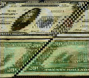 1929 T-1 $20 National Bank Note First National Bank Fredericktown Ohio: 1929 T-1 $20 National Bank Note First National Bank Fredericktown Ohio This $20 National Bank Note from 1929, designated as T-1, features the charter number 5640 from the First National Bank of Freder