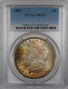 1896 Morgan Silver Dollar PCGS MS 63 Toned Coin: 1896 Morgan Silver Dollar PCGS MS 63 Toned Coin This 1896 Morgan Silver Dollar is a stunning example of American numismatic history. Certified by PCGS with a grade of MS 63, this coin is uncirculated