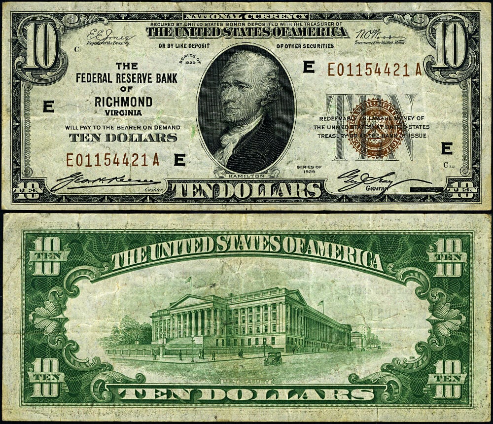 1929 $10 Federal Reserve Note Richmond E-A Block VF: 1929 $10 Federal Reserve Note Richmond E-A Block VF This $10 Federal Reserve Bank Note from 1929 features the Richmond E-A Block, graded as Very Fine (VF). It is a circulated note, showcasing its hist