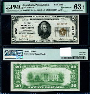 1929 T-1 $20 National Bank Note Stoneboro PA PMG CU63 EPQ: 1929 T-1 $20 National Bank Note Stoneboro PA PMG CU63 EPQ This $20 National Bank Note from the year 1929 (Type T-1) is a rare collectible item. It has been graded as CU63 EPQ Choice by PMG, indicating