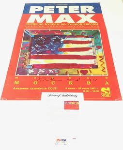 Peter Max Signed 24x36 Moscow Mockba Poster PSA/DNA Authenticated: Peter Max Signed 24x36 Moscow Mockba Poster PSA/DNA Authenticated This striking 24x36 Moscow Mockba poster features a signature by the renowned artist Peter Max. The autograph has been authenticated b