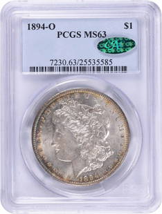 1894-O Morgan Silver Dollar MS63 PCGS CAC Uncirculated Coin: 1894-O Morgan Silver Dollar MS63 PCGS CAC Uncirculated Coin This 1894-O Morgan Silver Dollar is in Uncirculated condition and is graded MS63 by PCGS. It features a beautiful design by George T. Morgan